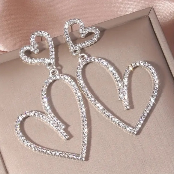 Jewelry - Silver Double Hollow Heart Design Shiny Rhinestone Inlaid Dangle Earrings